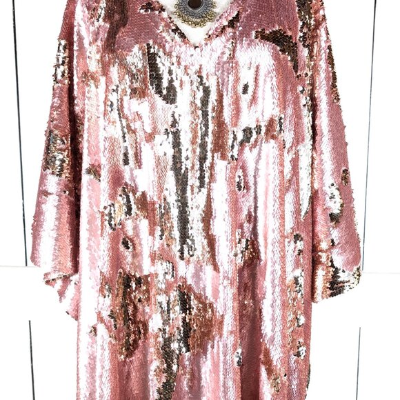 Pink gold two tone flip up reversible sequins caftan tunic cover up - Picture 2 of 6